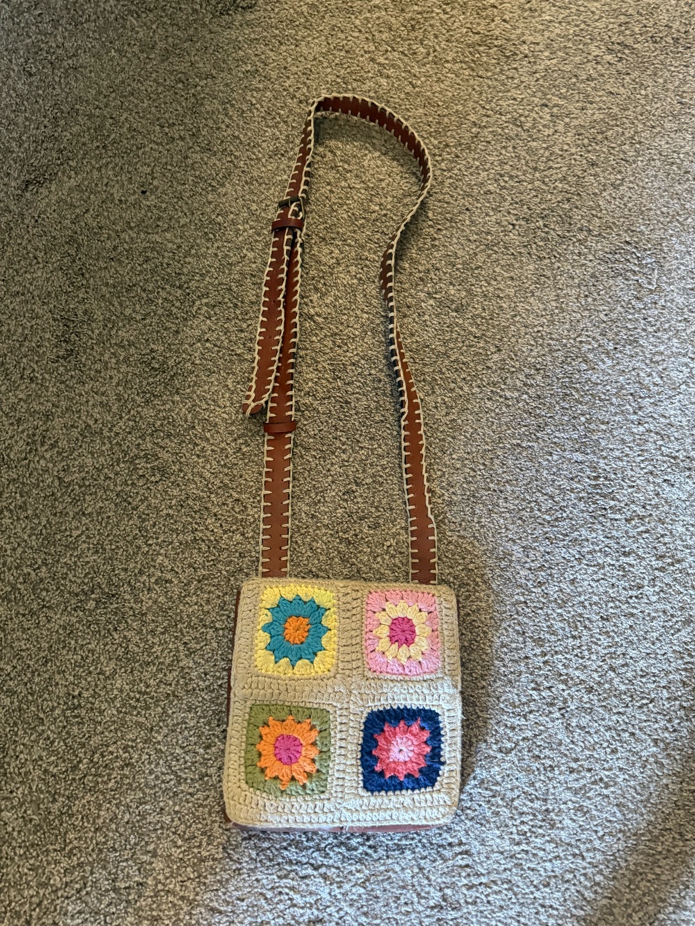 Patricia Nash Multicolor Crochet Square Crossbody with Brown Strap